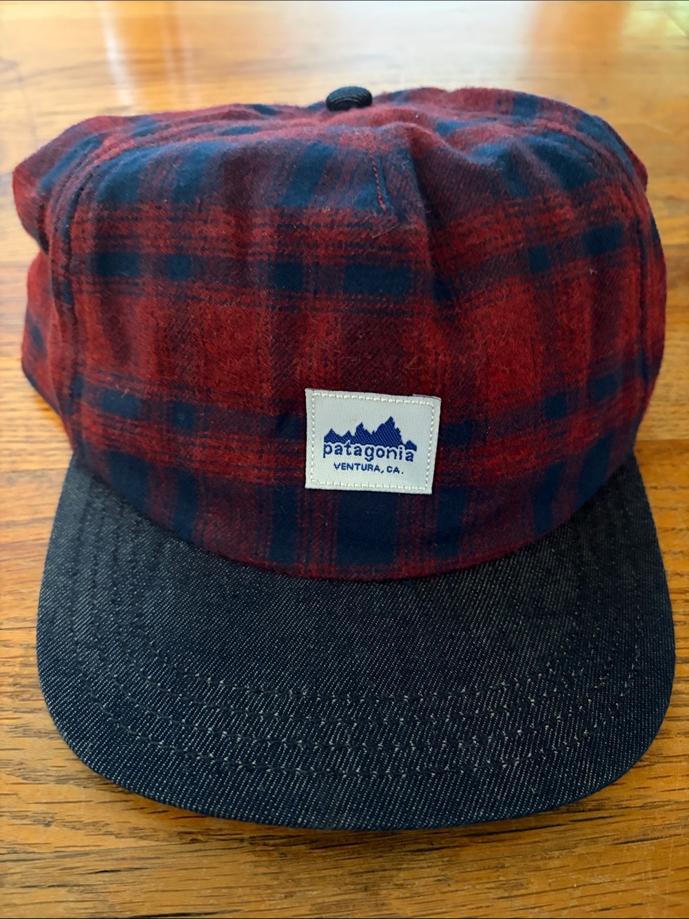 Patagonia Red and Navy Plaid Flannel Cap with Dark Denim Brim